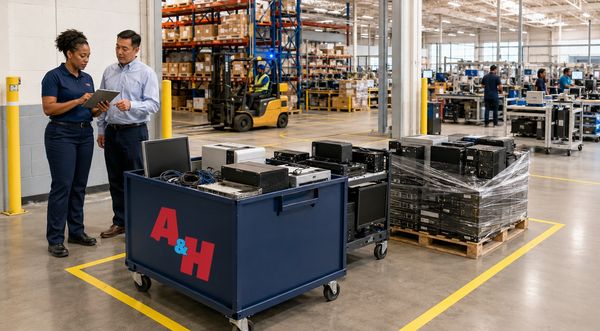 Workers discuss using a tablet in a warehouse with stacked equipment.