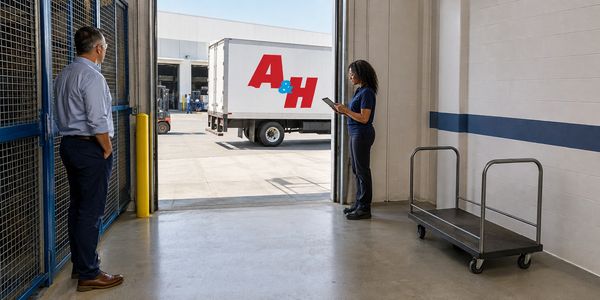 Two workers oversee a delivery truck at a loading dock.