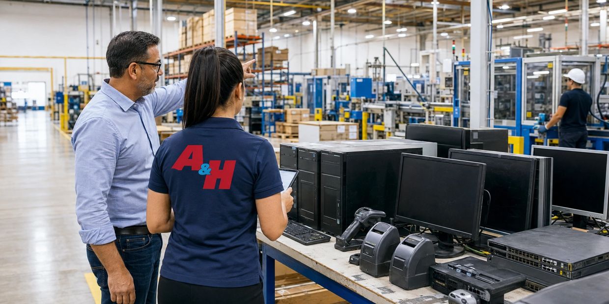 A&H IT Renew reviews retired technology inside an active manufacturing warehouse.