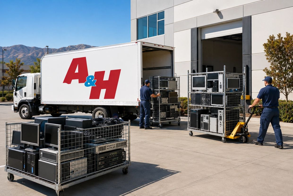 A&H IT Renew collecting a large organized load of business electronics in Moreno Valley.