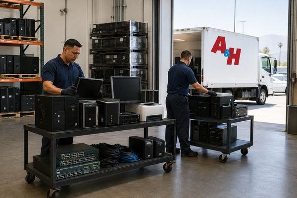A&H workers organizing mixed business electronics for pickup in Moreno Valley.