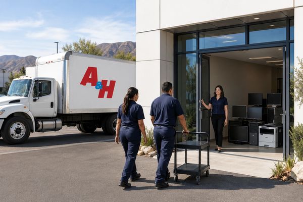 A&H team arriving for a scheduled business electronics pickup in Moreno Valley.