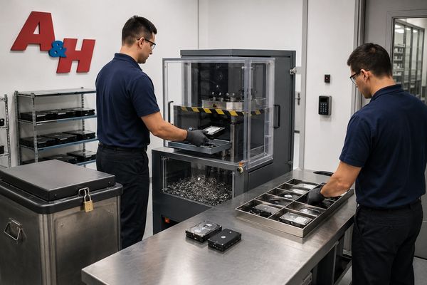 A&H technicians securely processing business hard drives for off-site shredding.