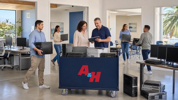 Nonprofit staff organize electronics from several programs for an A&H IT Renew pickup.
