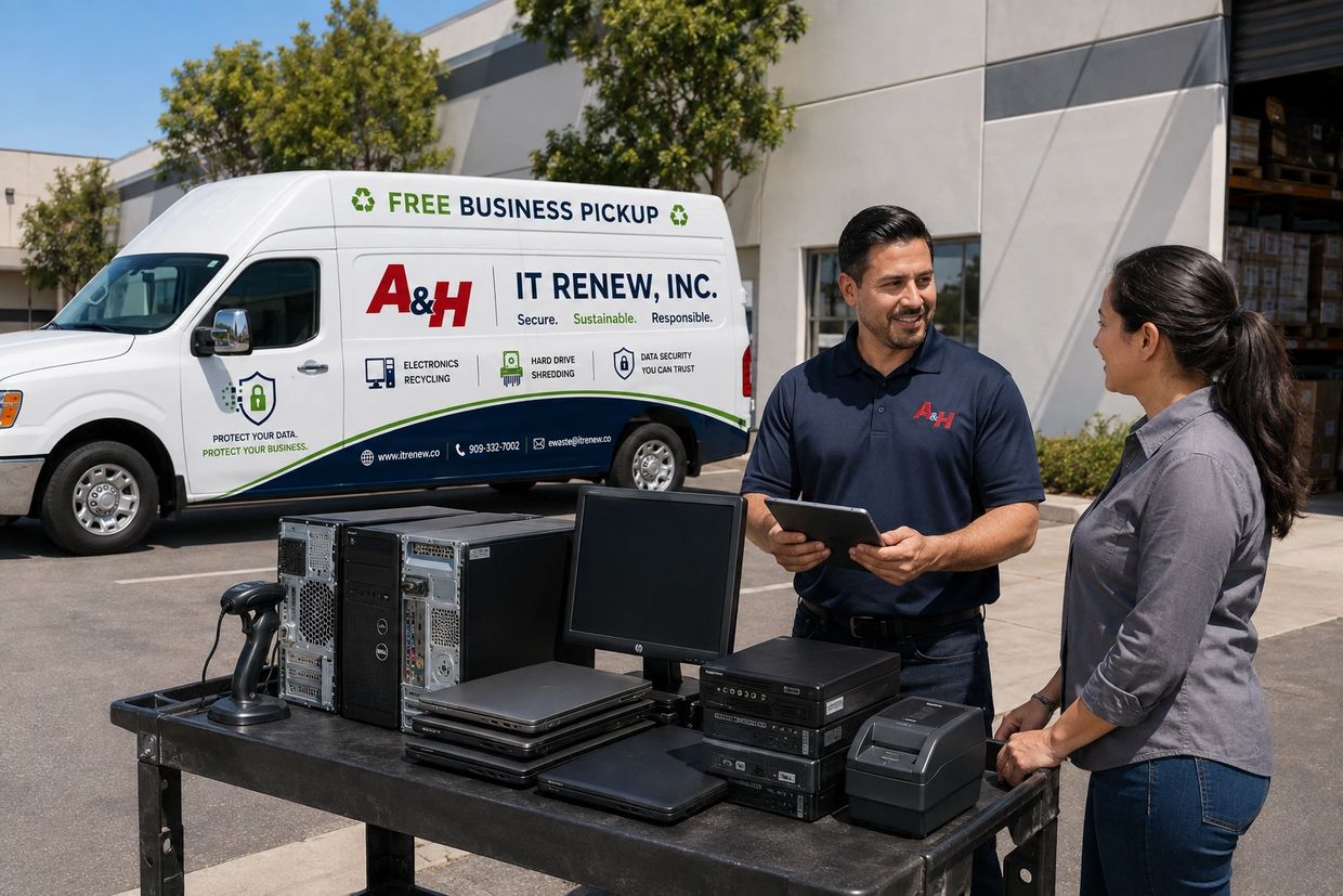 Branded recycling van collecting retired computers from a Perris business.