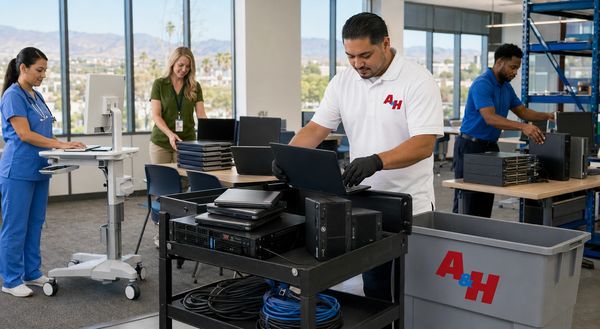 Computers, laptops, servers, and network equipment are organized for recycling.