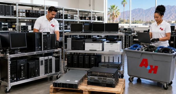 Monitors, printers, UPS systems, and other electronics are prepared for recycling.