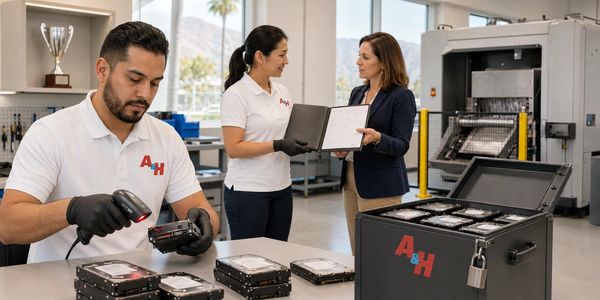 San Bernardino business hard drives are documented for secure off-site shredding.