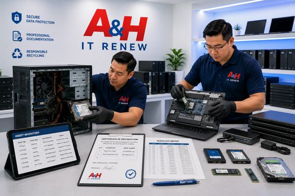 Hard drives are removed and secured before retired business computers are recycled.