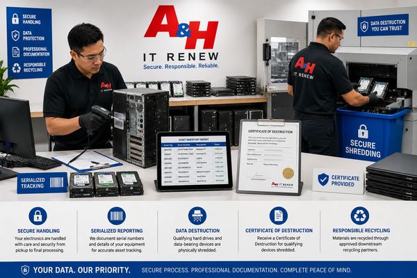 Hard drives are documented for secure shredding with serialized reports and certificates.