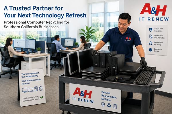 A business representative schedules secure computer recycling with A&H IT Renew.