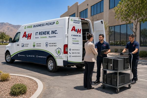 Branded recycling van arriving for a scheduled Victorville business electronics pickup.