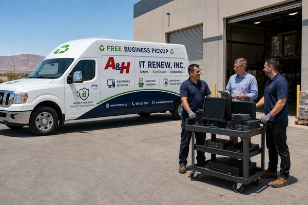 Technicians collecting retired electronics from a Victorville distribution warehouse.