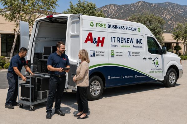 A&H IT Renew van arriving for a scheduled Yucaipa business electronics pickup.