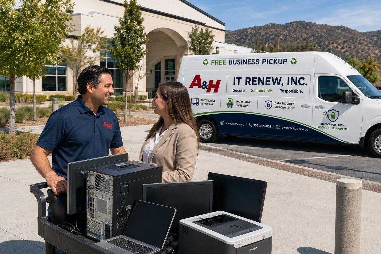 Business electronics recycling pickup outside a Yucaipa commercial office.