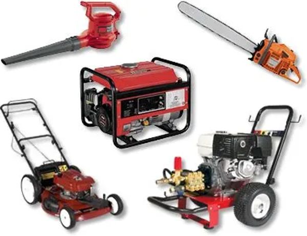 A collection of outdoor power tools including a lawn mower, chainsaw, blower, generator, and pressure washer.