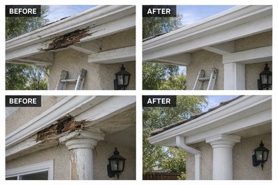 before and after wood restoration showing wood rot repair on exterior home in Fallbrook CA