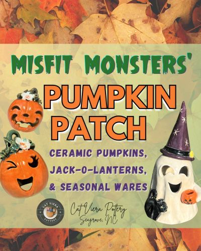 Flyer for Misfit Monsters' Pumpkin Patch with ceramic pumpkins and seasonal wares.