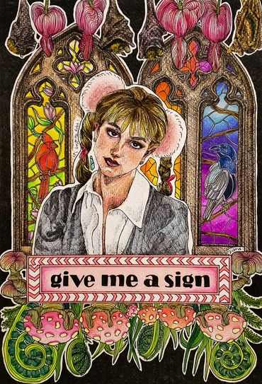 An illustrated portrait of Britney Spears with a background of stained glass windows