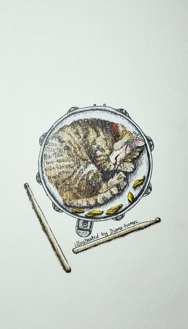A cat curled up asleep on a drum with a pair of drumsticks laying beside it