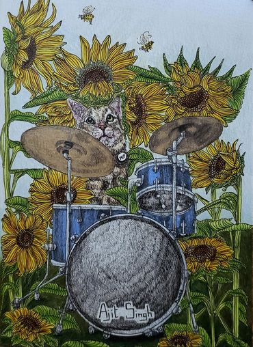 A cat sitting at a drumkit among sunflowers