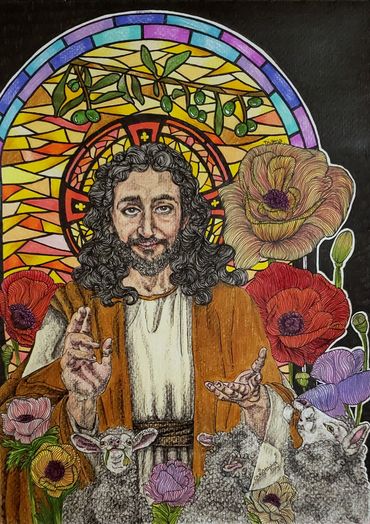A brown Jesus amid poppies and sheep