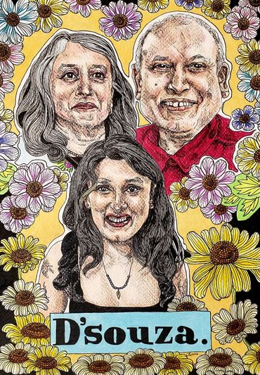 Family portrait surrounded by flowers.