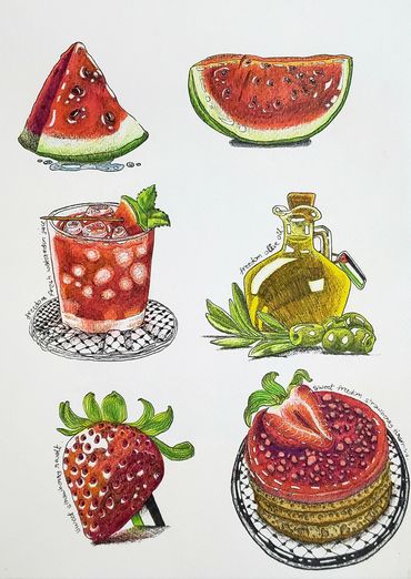 Illustrations of watermelon slices, strawberry tiramisu, strawberry, palestinian olive oil and water