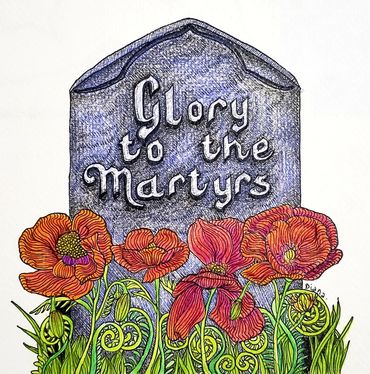 Illustration of a headstone inscribed with "glory to the martyrs" and poppy flowers growing