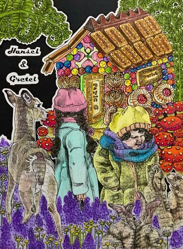 Hansel & Gretel with woodland creatures in front of a cottage made of candy