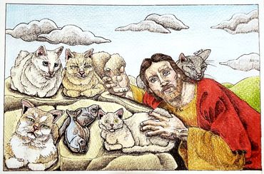 5 Cats with white jesus sitting on rocks with 2 fish
