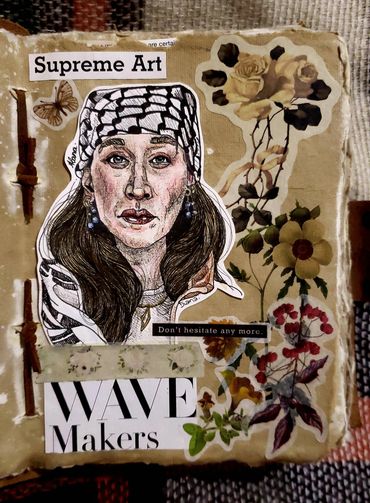 A portrait of Palestinian creative & human rights activist Alana Hadid surrounded by flowers