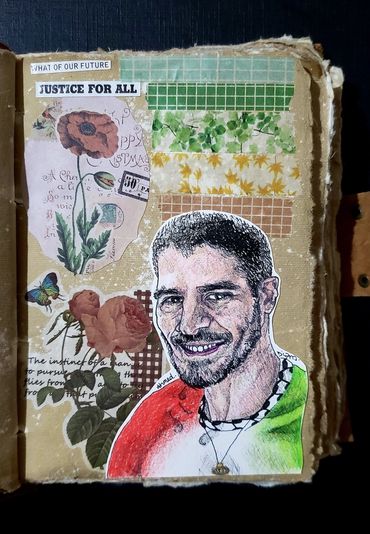 Journalist Ahmed Eldin surrounded by flower stickers & scrapbook clippings