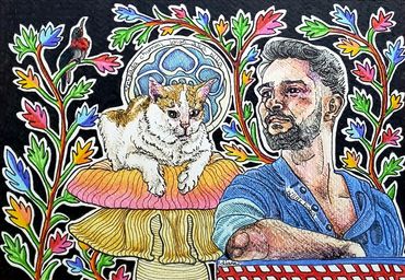 Portrait of a cat and his human