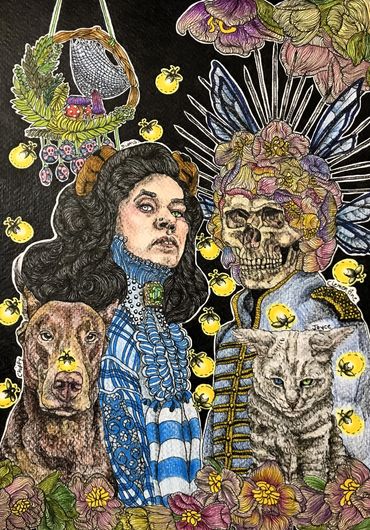 Family portrait with a woman, a skeleton, a cat & a dog surrounded with flowers