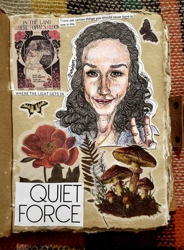 Palestinian Journalist Mariam Barghouti surrounded by flower stickers & scrapbook clippings