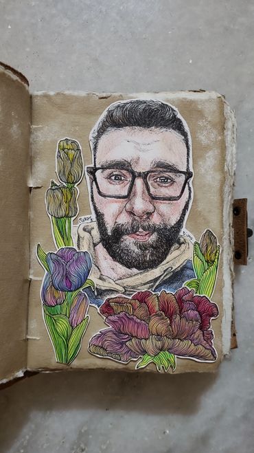 A portrait of Palestinian Journalist Motaz Azaiza with flowers.