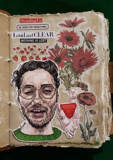 A portrait of Palestinian Subhi surrounded by flower stickers & scrapbook clippings