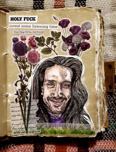 Portrait of rapper, actor, poet Usaama surrounded by flower stickers & scrapbook clippings