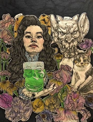 A woman with a drink in hand, a gargoyle & a cat surrounded by flowers