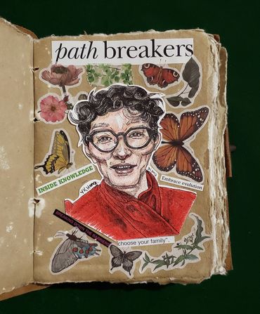 Y K Hong surrounded by flower & butterfly stickers & scrapbook clippings