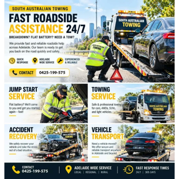 South Australian Towing offers 24/7 roadside assistance including jump start, towing, accident recovery, and vehicle transport.