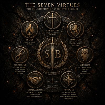 Forged symbols of the Seven Virtues united through strength, discipline, honour, wisdom, compassion,