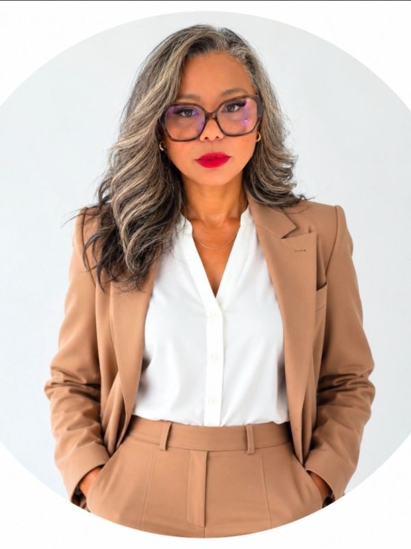 Confident woman in a tan suit and glasses.