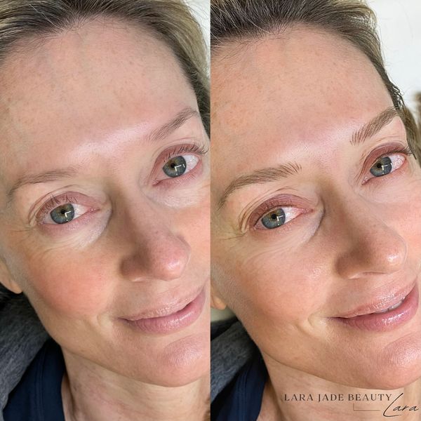 Before and after lash line tattoo enhancement and nano brow by Lara Brown