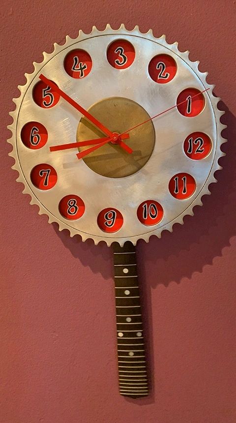 Clock for mathematician/musician from fiddle fretboard and gear by Santa Barbara artist Tal Avitzur.