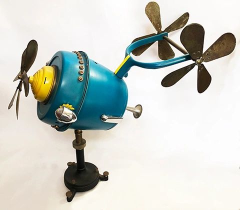 Assemblage robot head sculpture by Santa Barbara artist Tal Avitzur.