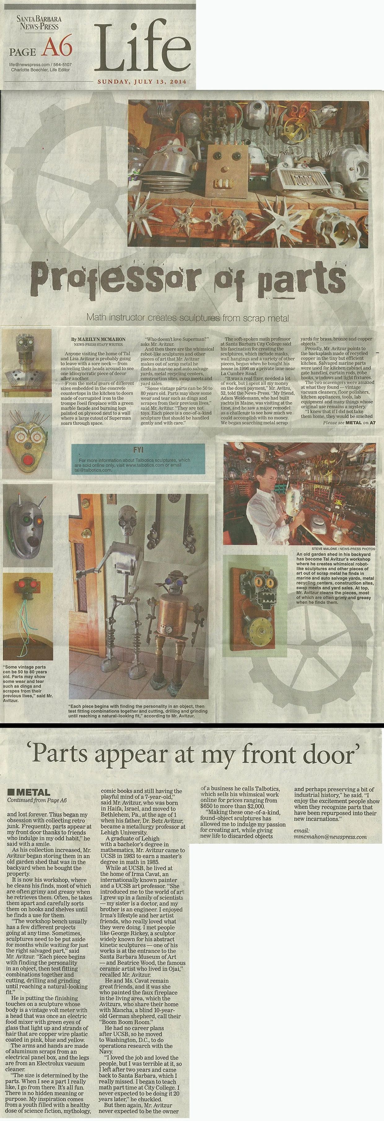 Santa Barbara News-Press article about sculptor Tal Avitzur from July 13, 2014.