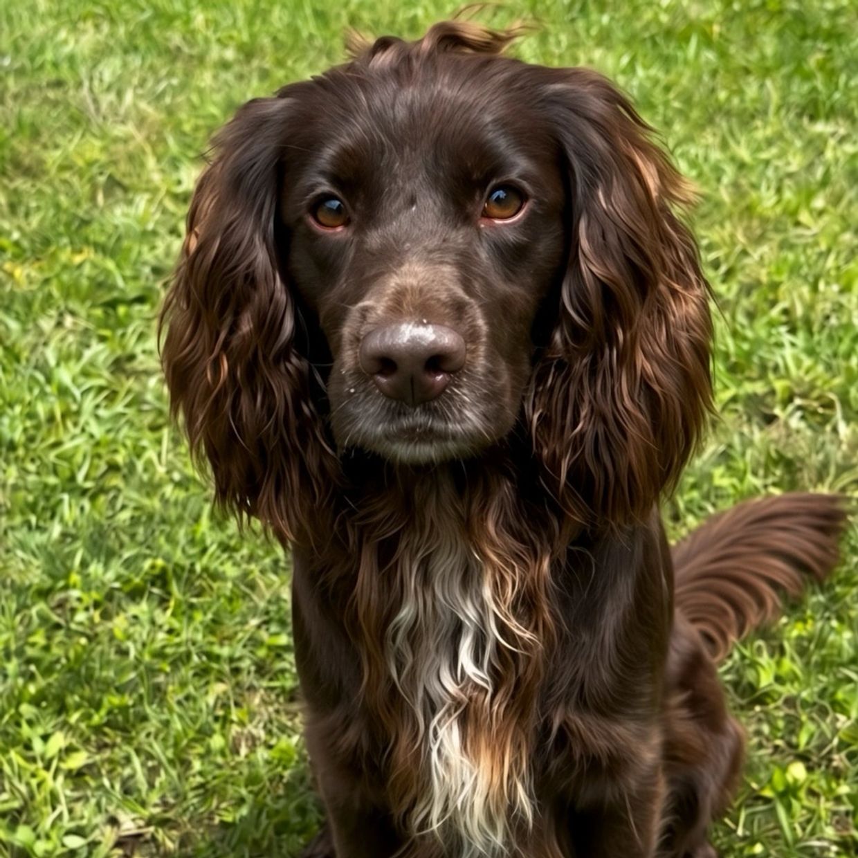 Close-up of a brown dog with wavy fur.
