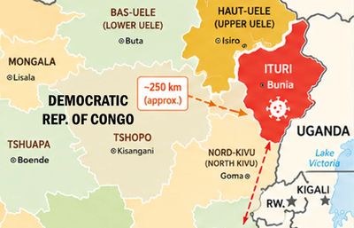 Map highlighting Ituri region in the Democratic Republic of Congo near Uganda.
